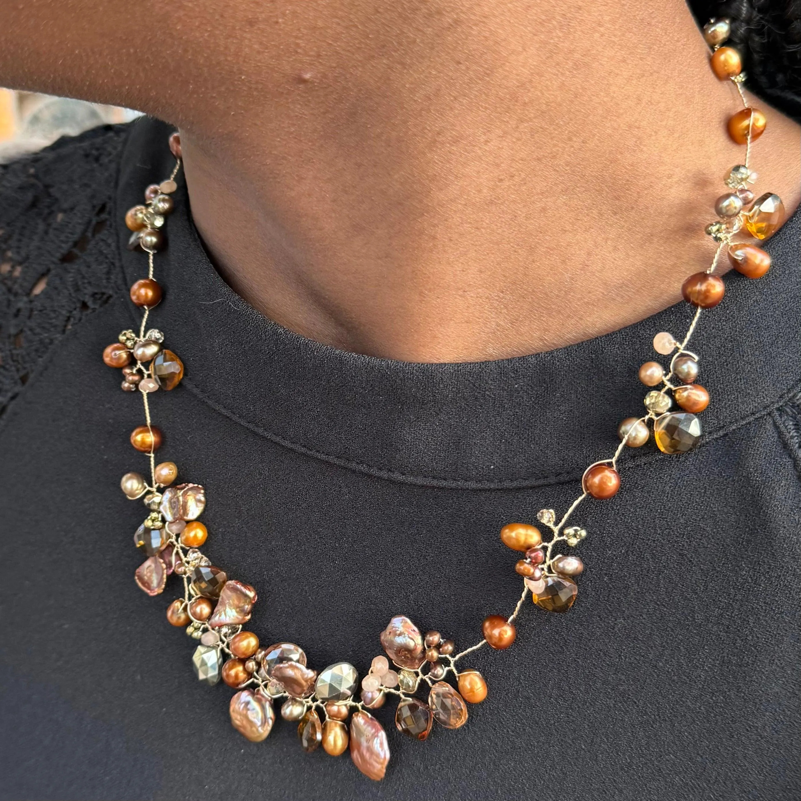 Unique Chocolate Pearl & Whiskey Topaz Signature Necklace Set