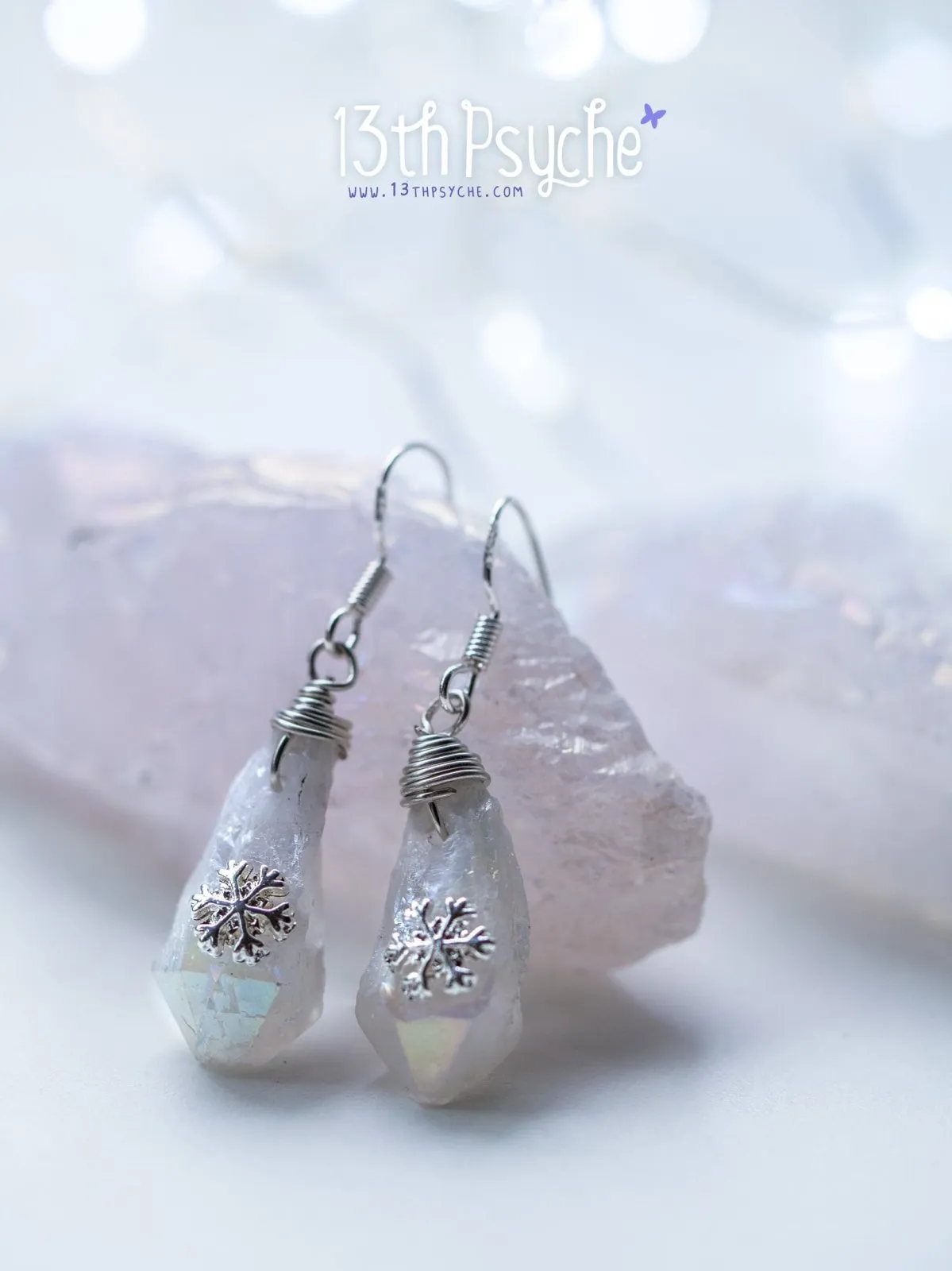 White raw stone earrings with silver snowflake