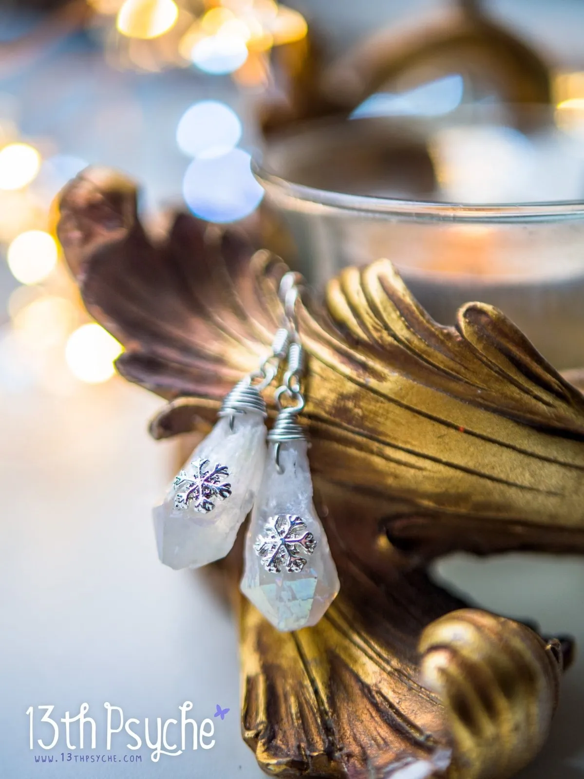 White raw stone earrings with silver snowflake