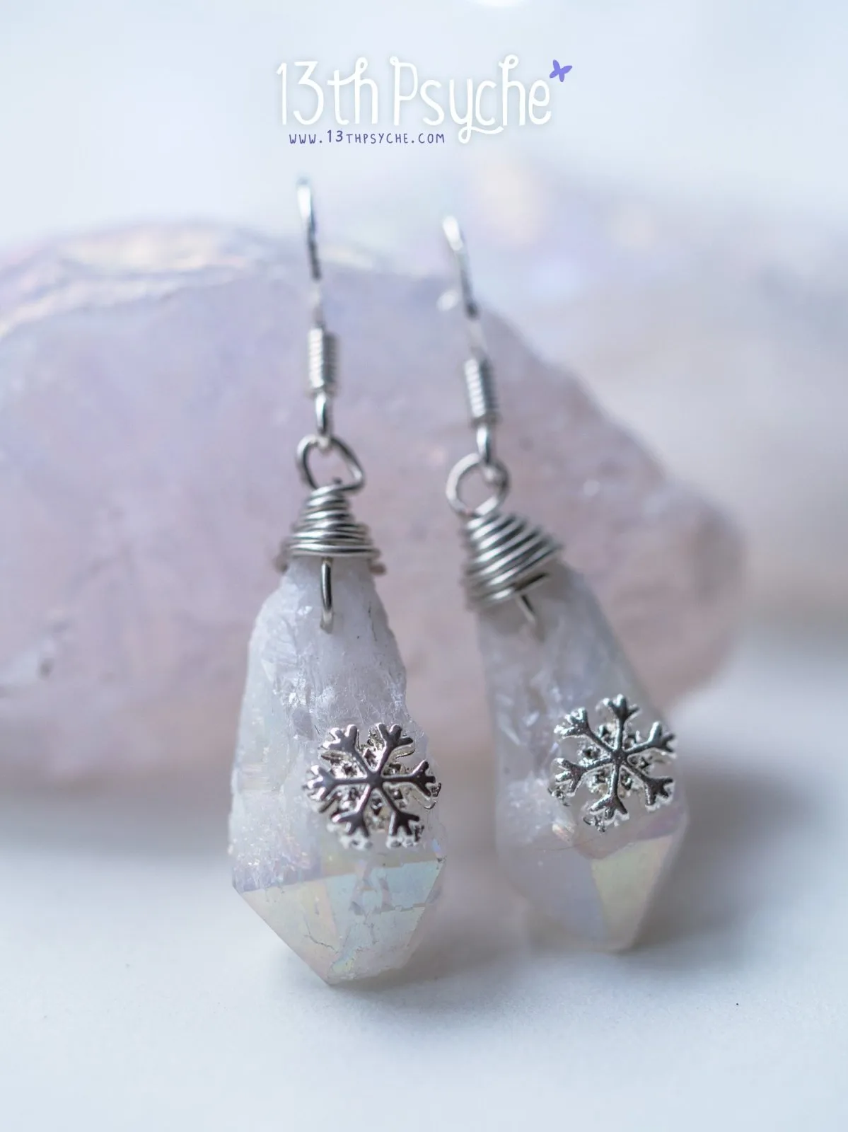 White raw stone earrings with silver snowflake